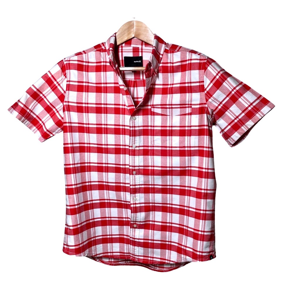 Hurley Mens M Short Sleeve Button Down Plaid Shirt Red White Cotton MMVS631ACX